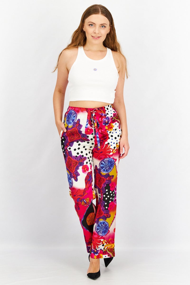 THE KOOPLES Women Floral Print Elastic Waistband Pants, Red Combo - Image 4